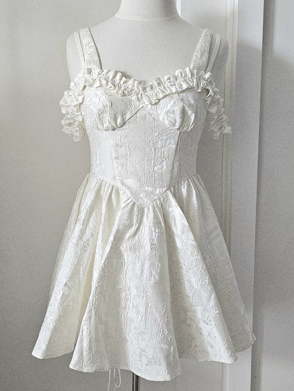 Ivory Embossed Floral Off Shoulder Mini Dress